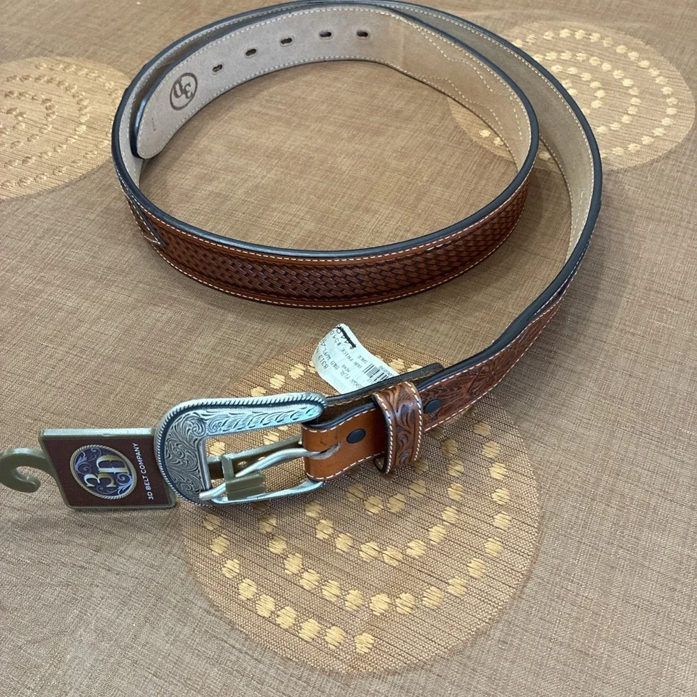 3D Belt Co. Men's Leather Belt Western Buckle Handtool Weave Pattern Sz. 46 NWT